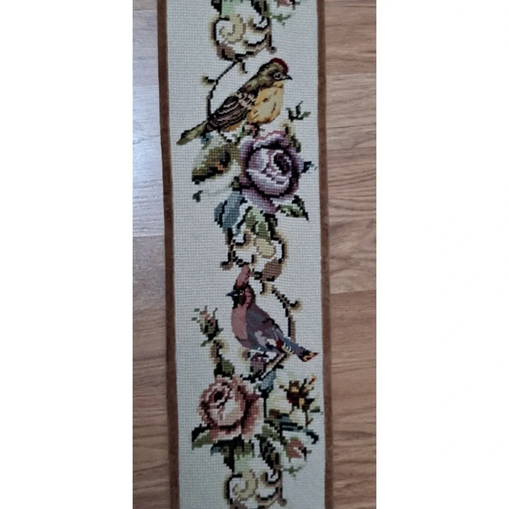 VTG Large Needlepoint Audubon Birds/Floral Tapestry Bell Pull Brass Hanger